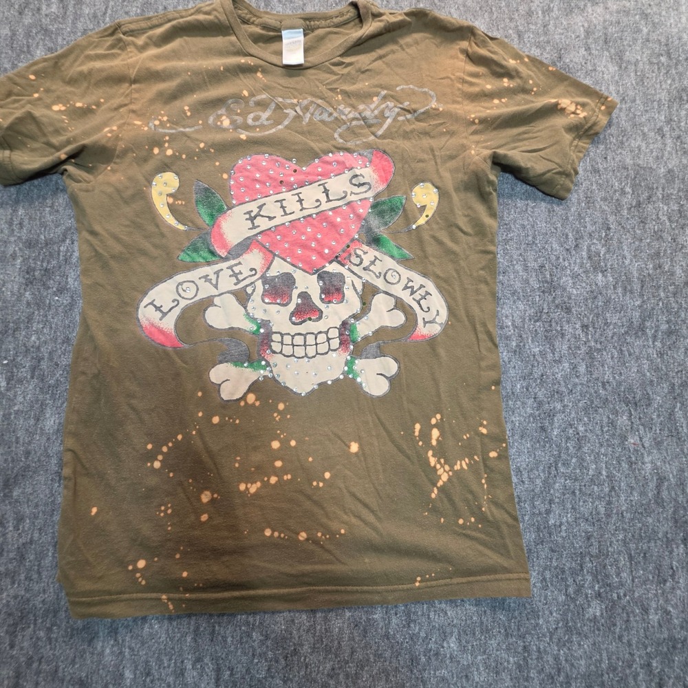 Ed Hardy Love Kills Slowly Rhinestone Bleach Splatter T-Shirt Olive Green M - Picture 7 of 13